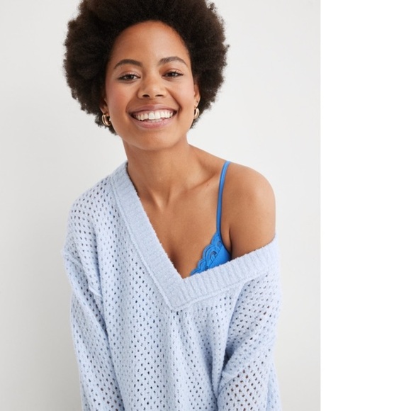 Aerie Chunky V Neck Sweater Oversized Slouchy Light Blue Size Small - Picture 3 of 13